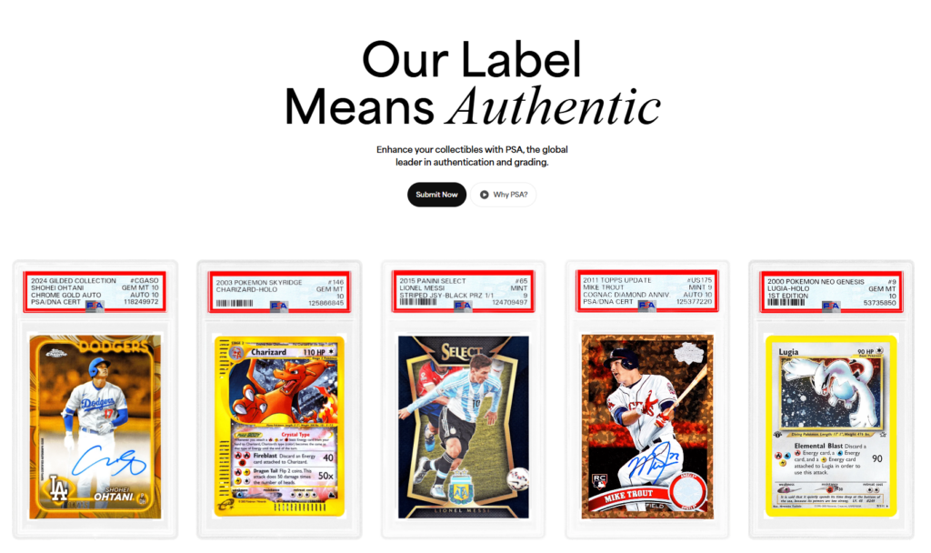 PSA 공식 홈페이지 - Our Label Means Authentic, 등급별 카드 라벨 예시